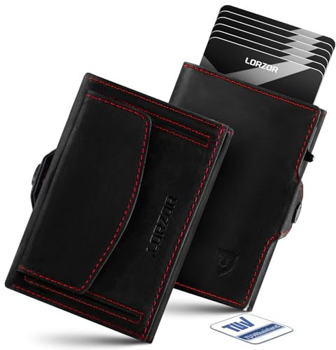 LORZOR Slim Wallet mit XXL-Münzfach für 10+ Münzen, Kartenetui Herren RFID Schutz, Echtleder Portmonee, Geldbörse Herren, Geldbeutel, Brieftasche, Smart Wallet, Kreditkartenetui für 10 Karten (Rot)