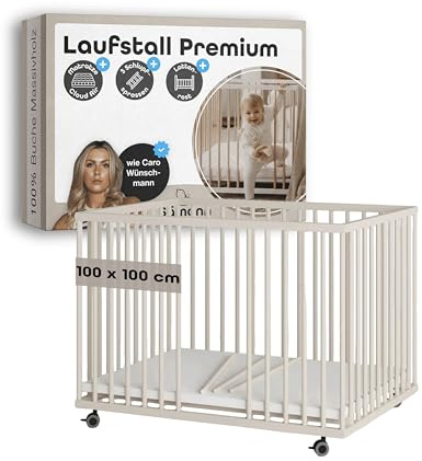 Sämann Baby Laufstall aus Holz I Sahara Dust 100x100 cm I Inkl. Matratze Cloud Air, Lattenrost & Schlupfsprossen I Höhenverstellbares Babybett I Laufgitter mit gummierten Rollen I TÜV geprüft