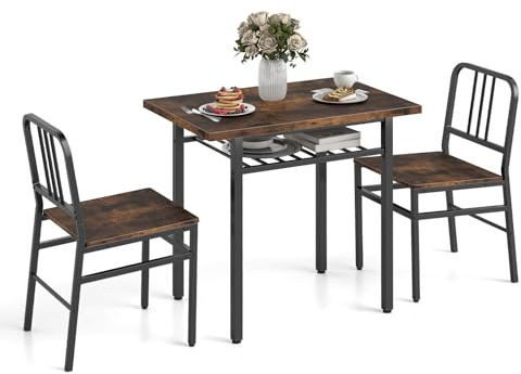 COSTWAY 3 Piece Dining Table Set, Rectangular Breakfast Kitchen Table and Chairs with Storage Rack, Metal Legs & Adjustable Foot Pads, Space Saving Counter Dining Room Set (Rustic Brown + Black)