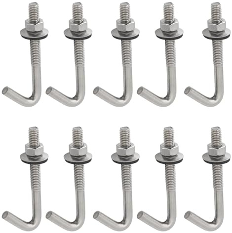 10 Pack J Hook Roofing Bolts M6 304 Stainless Steel Long Shank Roof Concrete Anchor Bolt with Hex Nut and Washer (M6x70mm)
