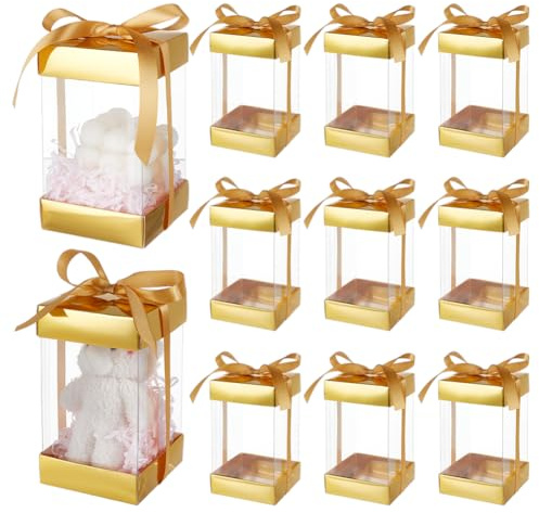 BENECREAT 10 durchsichtige Geschenkbox Aus Kunststoff Mit Goldenem Papierdeckel Rechteckige Geschenkverpackungsboxen Mit Polyesterband Für Geburtstage Hochzeiten Und Weihnachten 8.3x8.3x14.5cm