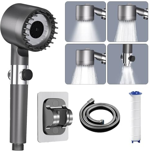 Pommeau de Douche Haute Pression, Pommeau Douche avec Filtre Anti Calcaire, avec Tuyau 1.5M et Support de Douche, Douchette Economie Deau 4 Types de Jets avec Bouton D'arrêt D'eau, Gris argenté