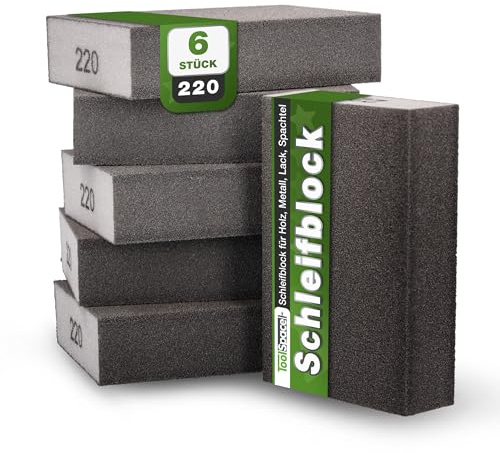 ToolSpace Schleifschwämme Schleifblock 6 Stück 220 Körnung 100x68x25 mm | Schleifpads Waschbar Wiederverwendbar Schleifklotz Schmirgelpapier Polieren Materialien Metall Stahl Holz Lack Nass Trocken