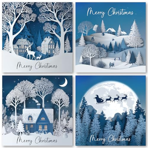 Charity Christmas Cards Pack of 24. Each Christmas Card pack contains 4 Blue Christmas Night Scene designs. Eco-friendly and UK made. Verse Inside. 150x150mm card size.