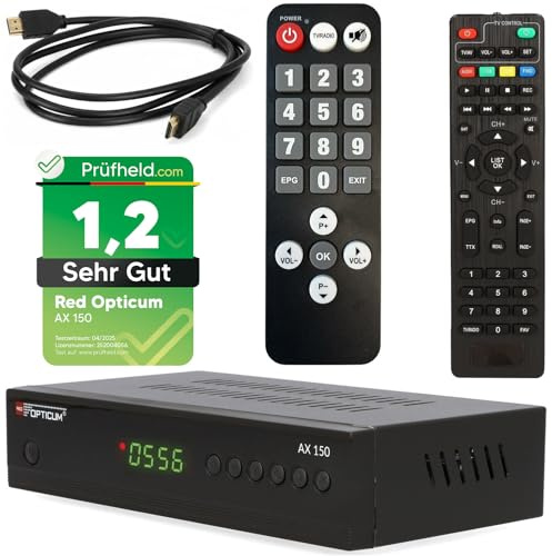 RED Opticum Sat Receiver AX-150 mit Aufnahmefunktion PVR Ready + Senioren Fernbedienung, Digital Satelliten-Receiver mit HDMI - SCART - USB – Full HD Satellit TV Receiver (Test: SEHR GUT)