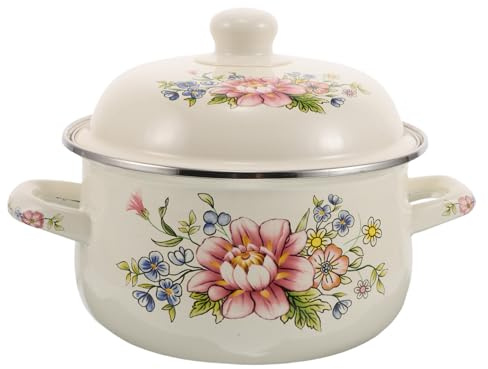 POPETPOP Marmite Rétro à Fleurs 18 CM 2 L en Émail avec Couvercle et Deux Poignées Casserole Vintage pour Cuisson sur Plaques Électriques et Gaz pour Soupe Mijoté et Infusion Aromatique