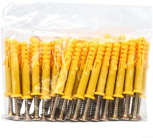 Set di 100 elementi di fissaggio ad espansione in plastica gialla, con viti, tasselli da parete per montaggio di mobili fai da te, montaggio su cartongesso, progetti di miglioramento della casa e