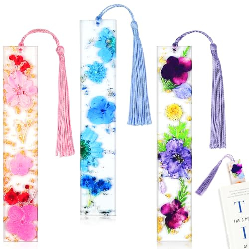 AUAUY 3 stycken hartsbokmarken, bokmärken flickor transparent pressad blomma harts blommig boksidshållare bokmärke med tofs boksidshållare tillbehör för läsälskare studenter lärare