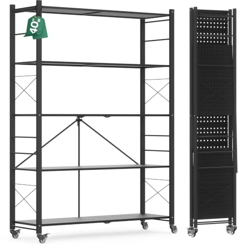ALANNG Klappregal mit Rädern 100cm Breit, Verstellbare Stehende Regale mit 5 Ablagen Verstellbar & Abnehmbar,Bücherregal aus Metall Für Küche, Wohnzimmer, Keller, Büro - Schwarz