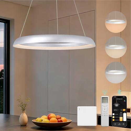 Mai & Mai Pendelleuchte Esstisch mit Fernbedienung & Wandschalter | 40cm LED Moderne Hängelampe, stufenlos dimmbar 3000K–6000K, höhenverstellbare Design 20W Esstischlampe, Matt Silber, Luvina04