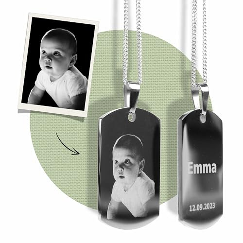 Diamandi Dog-Tag Kette mit Foto-Gravur I Ihr Bild + Text gravieren I Personalisierter Ketten-Anhänger mit Kugelkette
