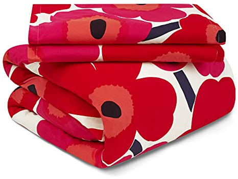Marimekko - Queensize-Bettbezug-Set, Baumwoll-Bettwäsche mit passenden Kissenbezügen und Baumwollverschluss, Ganzjahres-Heimdekoration (Unikko Red, Queensize)
