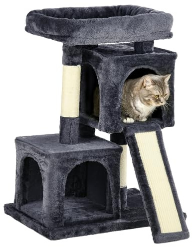 PawHut Árbol Múltiples Actividades para Gatos Centro de Juegos para Mascotas con Postes y Tablero Rascador Cuevas Cama con Borde Elevado Tacto Suave 59x39x83 cm Gris Oscuro