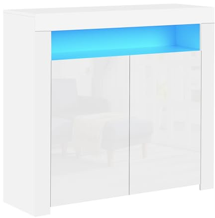 Panana Commode de Eclairage LED Meuble de Rangement avec 4 Compartiments de Stockage + 2 Portes sur Salon, Chambre, 107 x 35 x 97 cm (Blanc)