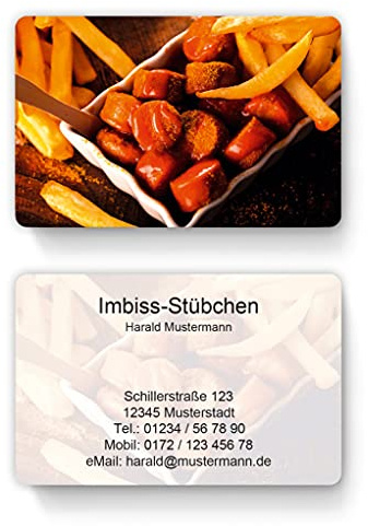 100 Visitenkarten, laminiert, 85 x 55 mm, inkl. Kartenspender - Imbiss Pommes Currywurst