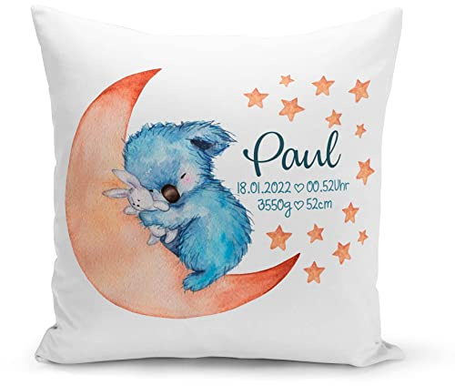 Selket's Shop Koala Kissen Baby – personalisiert mit Namen & Daten – Geschenk zur Geburt für Mädchen & Jungen