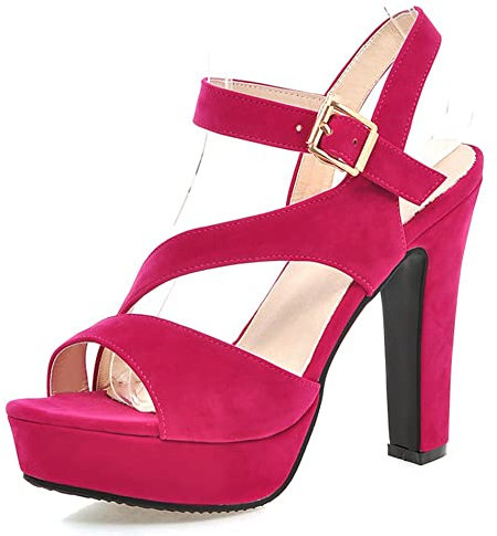 Sandali con Tacco Alto Donna, Sandali Peep Toe Moda Tacco a Blocco Scarpe da Festa con Plateau con Cinturino Alla Caviglia 078 Rose-Rosso Numero 35 EU