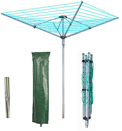 AAMEN 4-Arm Rotary Clothes Airer Drying Rack Laundry Washing Line With Metal Spike & Cover, Clothes Line, Retracting Washing Line Drying Rack, Portable Clothes lines, Clothes Dryer, 60m
