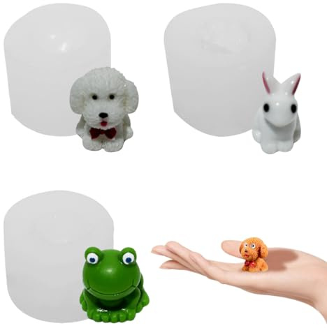 DeryArcle 3 Pièce Mini Moule Resine Animaux, Moules Lapin Silicone 3D Moulle de Coulée Résine Grenouille Moulage Chien pour Bricolage Savon Bougie Décoration