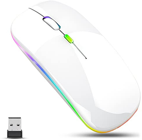 GLOBAL TECH Kabellose Bluetooth Maus, Wiederaufladbare LED Ultradünne Funkmaus mit Dual-Modus 2,4 GHz und Bluetooth, Leise Tragbare Maus Kabellos für Laptop, PC, Computer, Mac, iPad, Tablets (Weiß)