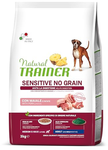 Natural Trainer Sensitive No Grain Cibo per Cani Adulti Medium&Maxi con Maiale e Patate - 3kg