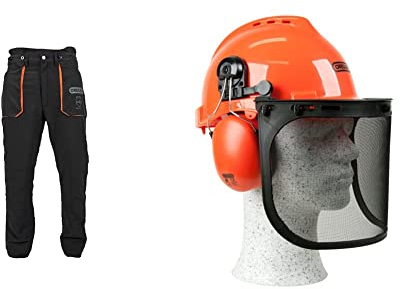 Oregon Yukon Kettensägen-Schnittschutzhose, Typ A Klasse 1, Größe L (EU 50-52) (295435/L) & Yukon Kettensägen-Sicherheitshelm mit Gehörschutz und Netzvisier (562412), Orange, Einheitsgröße