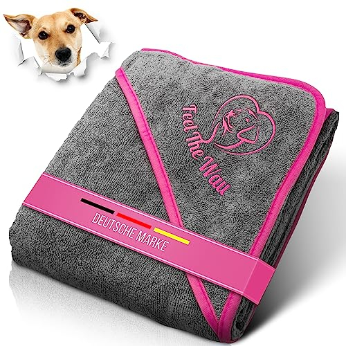 FeelTheWau Hundehandtuch kleine Hunde - Hundehandtuch Extra saugfähig - Für Waschmaschine und Trockner - Hunde Handtuch mit Taschen - Beliebtes Geschenk Hund - Design grau pink - 90x50 cm