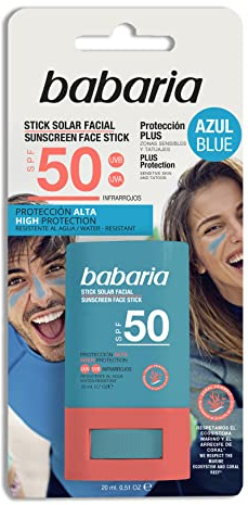 Babaria – Stick Solaire Visage SPF50 Bleu – 20 g | Couleur Bleue | Surf Stick | Très Haute Protection | Adapté Aux Zones Sensibles et Aux Tatouages | Résistant à L’Eau | 100% Vegan