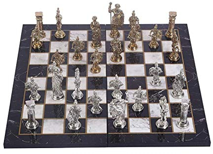 CAZARU Schach Historische Rom Figuren Metall Schachspiel für Erwachsene Handgemachte Stücke und Marmor Design Holz Schachbrett König 11cm