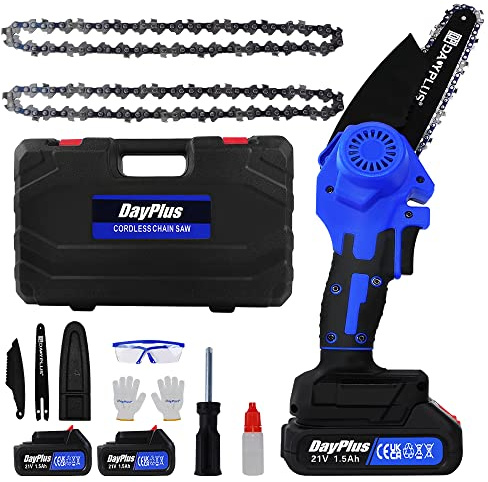 Motosierra eléctrica de 6 pulgadas, 21 V, batería con 2 pilas de 1500 mAh, motor sin escobillas, mini motosierra portátil, cortador de madera con 2 cadenas para árboles