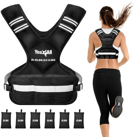 Yes4All Chaleco con peso ajustable de 20 a 33 libras con tira reflectante, chaleco de peso para correr para entrenamiento cardiovascular y de fuerza, chaleco de peso corporal para hombres y mujeres