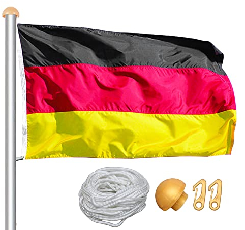 Eulenke Teleskop-Fahnenmast aus Aluminium 6,98m - Enthält Deutschlandflagge & Zubehör - Höhenverstellbar - Flagge - Bodenhülsen - Perfekt für Garten, Festival & mehr