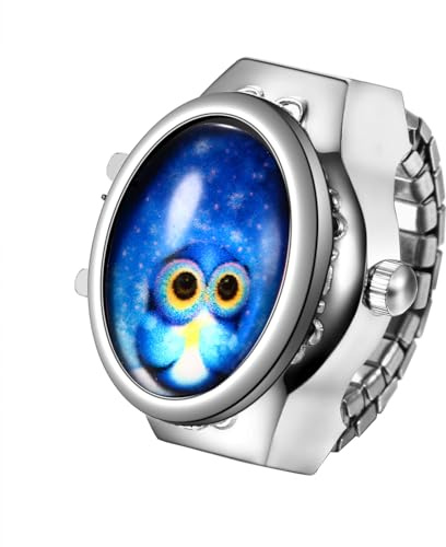 Silverora Ringuhr Fingeruhr Edelstahl Elastisches: Eulen Analoge Quarz Uhrenring Verstellbar Edelstahlband Ring Uhren mit Arabische Ziffern Genschenke für Frauen Mädchen Blau