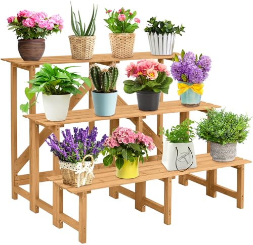 COSTWAY 3-Tier Plant Stand, Fir Wood High Low Pots Ladder Shelf Rack with Slatted Tiers, Indoor Outdoor Flowers Display Holder Shelving Unit for Living Room Balcony Garden Patio
