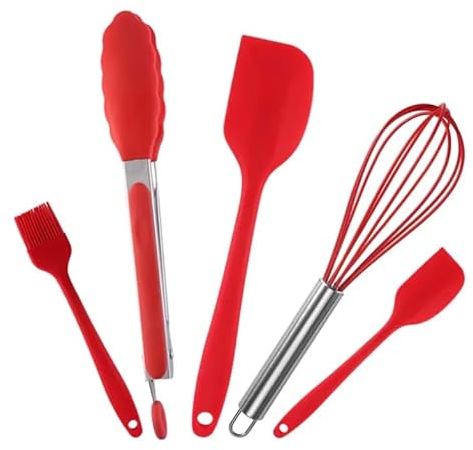 Kitchen Utensil Set, 5 Piece Silicone Cooking Tools, Whisk, Tongs, Spatulas and Pastry Brush (Red)