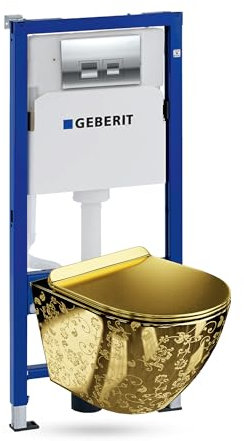 Lavita Duofix Basic Vorwandelement + Wand Tiefspül WC Sofi Slim Golden Eye Spülrandlos + WC Sitz mit Absenkautomatik + Bedienplatte Delta 25 Verchromt Knopf Komplettset Unterputz Spülkasten Toilette