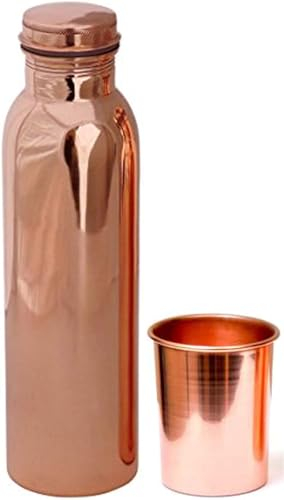 BishtHub Wasserflasche aus reinem Kupfer mit 1 Kupferglas-Trinkgeschirr-Set (1000 ml Flasche, 300 ml Glas), Kupfer-Trinkgeschirr-Set, Wasserspeicher, Artikel für die Küche