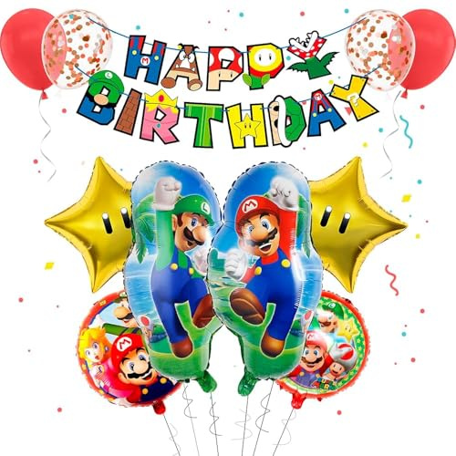 Chukua Super Bros Birthday Party Decorations for Boys & Girls - Super Brother Decoration Foil Balloons, Happy Birthday Banner, Latex Balloons, Mari Theme Party Supplies - 12 Piece Set