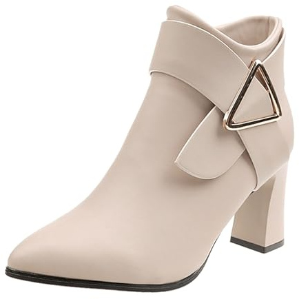 Liaddkv Botines de mujer con tacón de piel, botas de tacón alto con cremallera lateral, botines de cuero sintético para mujer, negocios, oficina, zapatos de invierno, beige, 36 EU