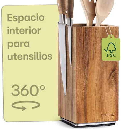 Praknu Messerblock Magnetisch 360° drehbar ohne Messer – FSC® Akazienholz mit Platz für Küchenutensilien – Beidseitiger starker Magnet – Rutschfest