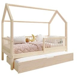 TIMBEE ZOJA - Duo Holzbett - in Hausform mit Rundstäben und Einer Schublade - Skandinavischer Stil - Massive Konstruktion aus Naturholz - Option mit Schlaffunktion - Unlackiert - 90x180cm