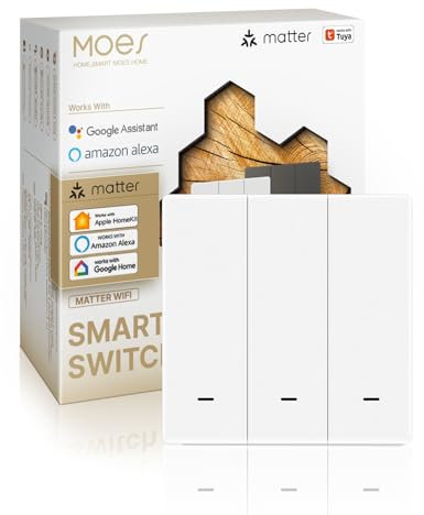 MOES Matter Smart Switch, Matter over WiFi, 2-Way Sync Switch, Neutral Wire Required, Compatible with Alexa/Apple Home/Google Home/SmartThings, Tuya APP Control, 3 Gang