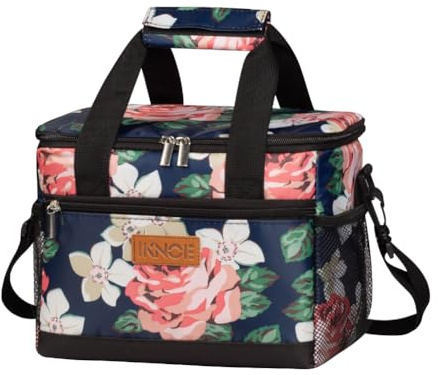 iknoe Insulated Lunch Bag, Foldable 8.5L Cooler Bag for Men & Women Flower | 600D oxford fabric, PEVA liner, wide opening, zipper pocket, side mesh pockets, detachable strap, office, travel, picnic