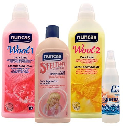 SET TRATTAMENTO DELICATI: Wool 1, Lava Lana 750ml + Wool 2, Cura Lana 750ml + Lozione Ristrutturante per Lana e Cachemire SFELTRO, Anti Infeltrimento 500ml + OMAGGIO Igienizzante Spray 150ml