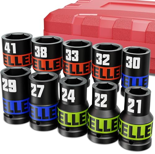 Arwealxs Juego de 10 Llaves de Vaso, 1 Pulgada Llaves de Vaso Impacto, 21-41mm Vaso de Impacto, 6 Puntos Dado de Impacto, Automóviles Reparación, Hogar Reparación