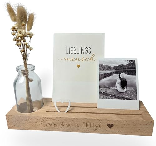Kartenhalter Fotohalter aus Holz 25×6,5×3 cm mit Glasvase und Trockenblumen - Gravur Schön, DASS es Dich gibt - Geschenk Frau, Lieblingsmensch Geschenk, Geschenk Beste Freundin, Geschenk Mama