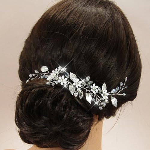 Evlry Braut Blume Hochzeit Haar Reben Silber Kristall Haarteil Blatt Braut Haarschmuck für Frauen und Mädchen