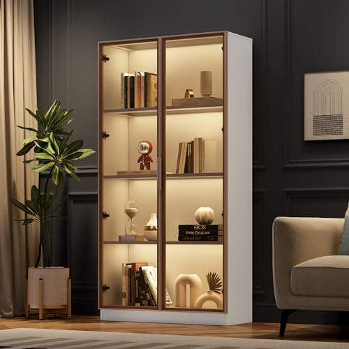 Kebnor Glasvitrine mit 16-Farbiger LED-Beleuchtung, doppeltürige Vitrine mit beweglichen Einlegeböden, 80 * 40 * 160cm,Hochschrank für Wohnzimmer, Standvitrine,Badezimmerschrank