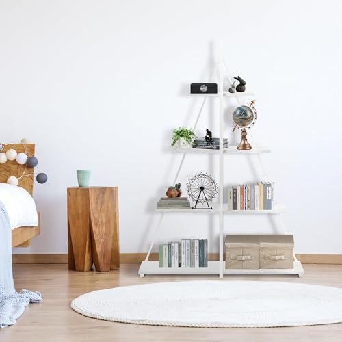 Aptliton 4 Tier Ladder Shelf, A-Shaped Bookshelf, Metal Frame Ladder Bookcase, Freestanding Storage Shelves Display Stand for Bedroom, Living Room and Home Office, White