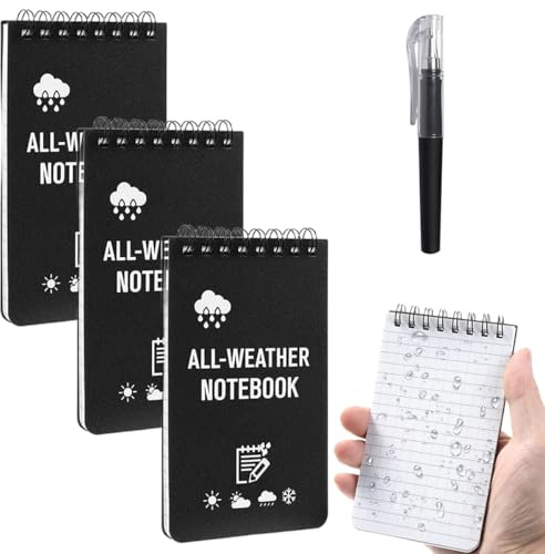 Spiral Quaderno Appunti Impermeabile, 3 Pezzi A7 Taccuino Tascabile Resistente All'acqua con Penna, Block Notes Piccoli Mini Notebook 5 Minute Journal per I Viaggi, La Scuola, Il Lavoro (Nero)